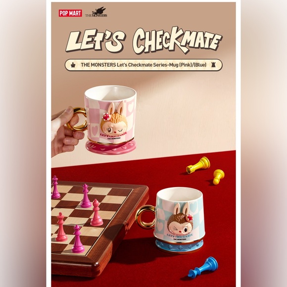 2 mug set! Let’s Checkmate Set 💙🩷 both blue & pink. Pop Mart Labubu coffee mug